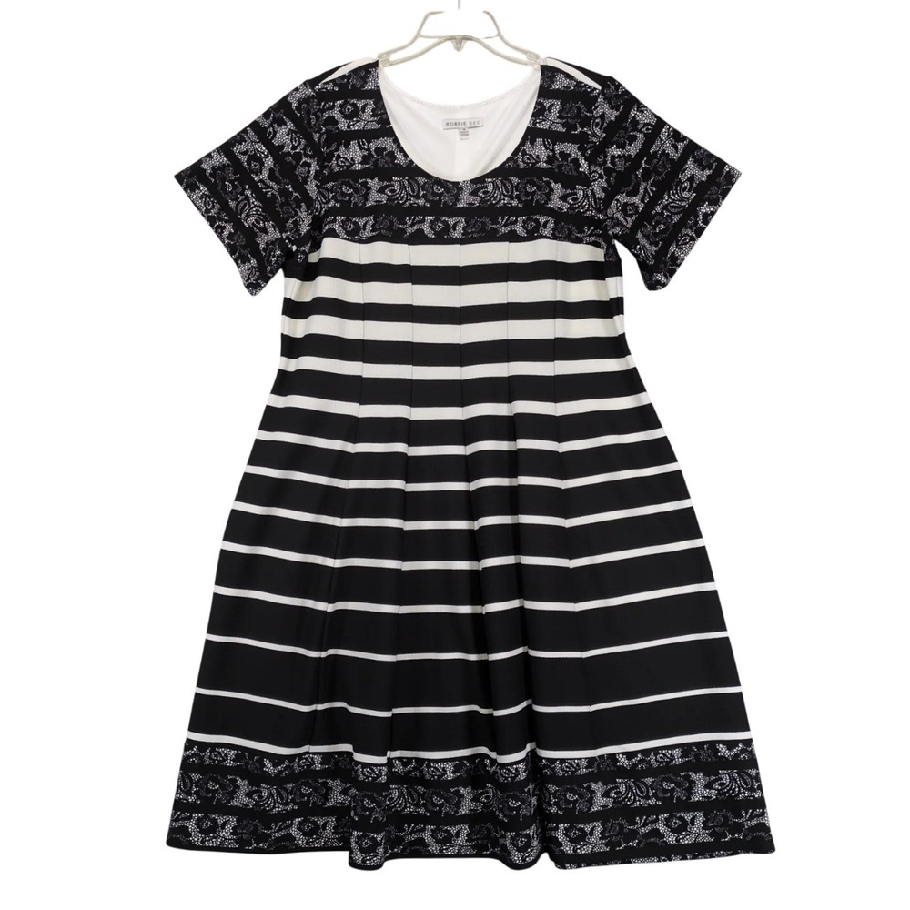 Robbie Bee Black White Striped Midi Dress Plus Sz 1X A-Line Stretch Swing Chic